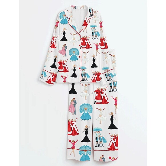 SheShow White Christmas Satin Pajama Set Women Size 3XL Long Sleeve Wide Leg NEW - Picture 2 of 16